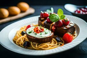 a plate of spaghetti with meat and berries. AI-Generated photo