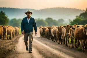 a man walking down a dirt road with a herd of cattle. AI-Generated photo