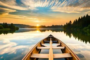 a canoe is floating on the calm waters of a lake at sunset. AI-Generated photo