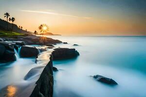 a long exposure photograph of the sun setting over the ocean. AI-Generated photo