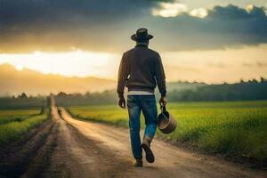 un hombre caminando abajo un suciedad la carretera con un sombrero. generado por ai foto