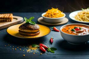 comida en un mesa con bochas de sopa, emparedados y otro platos. generado por ai foto