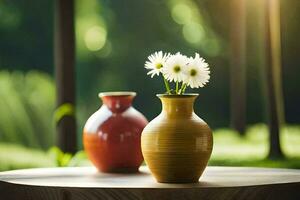 two vases with flowers on a table. AI-Generated photo