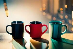 three coffee cups sit on a table in front of a city skyline. AI-Generated photo