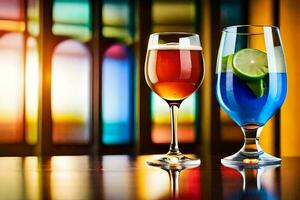 two glasses of colored drinks sit on a table. AI-Generated photo