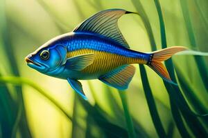 a blue and yellow fish swimming in the grass. AI-Generated photo