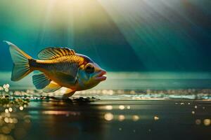 a fish is standing on the water with sunlight shining. AI-Generated photo