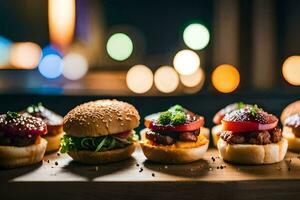 a group of mini burgers on a wooden board. AI-Generated photo