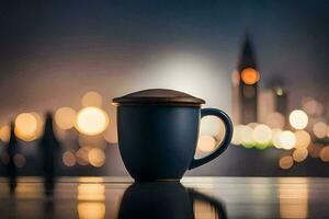 a coffee cup sitting on a table in front of a cityscape. AI-Generated photo