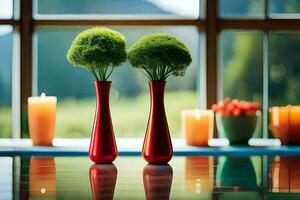 two red vases with green plants in them. AI-Generated photo