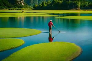 a man is standing in the middle of a lake with green grass. AI-Generated photo