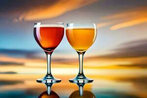 dos lentes de cerveza en un mesa con un puesta de sol en el antecedentes. generado por ai foto