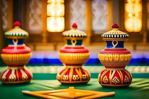 three colorful vases sit on a table. AI-Generated photo