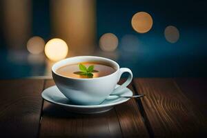 a cup of tea on a wooden table with blurred bokeh. AI-Generated photo