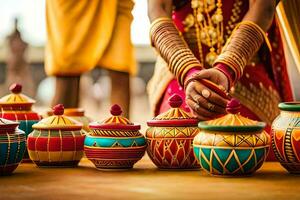 a woman in indian attire is holding a pot with colorful paint on it. AI-Generated photo