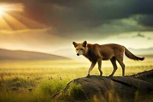 un solitario lobo soportes en un rock en el medio de un campo. generado por ai foto