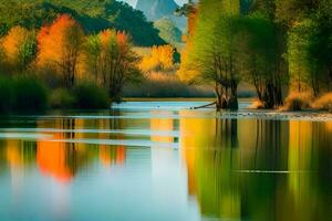 colorful trees are reflected in the water. AI-Generated photo