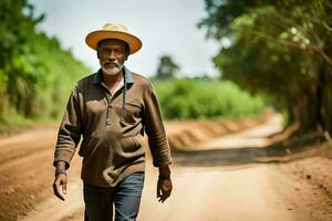 a man wearing a hat walks down a dirt road. AI-Generated photo