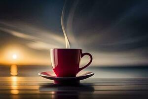 a red cup of coffee on a wooden table with the sun setting behind it. AI-Generated photo