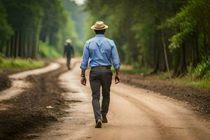 un hombre en un sombrero camina abajo un suciedad la carretera. generado por ai foto