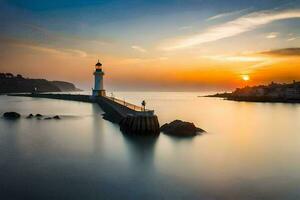 un faro a puesta de sol con un largo exposición. generado por ai foto