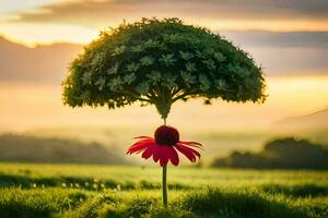 un rojo flor es en el medio de un campo. generado por ai foto