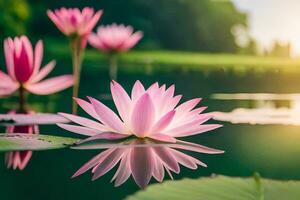 rosado loto flores en el agua con verde hojas. generado por ai foto