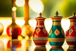 three colorful vases on a table with a bright light. AI-Generated photo