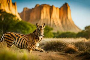 a zebra in the desert with mountains in the background. AI-Generated photo