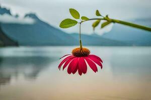 a flower hanging from a tree near a lake. AI-Generated photo