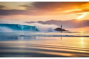 a lighthouse and waves crashing into the ocean at sunset. AI-Generated photo