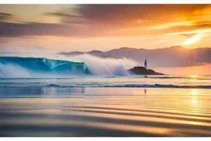 un faro y olas estrellarse dentro el Oceano a puesta de sol. generado por ai foto