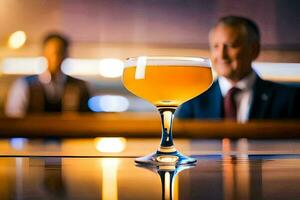 a glass of beer sitting on a bar. AI-Generated photo