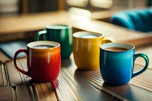 three colorful coffee mugs sit on a table. AI-Generated photo