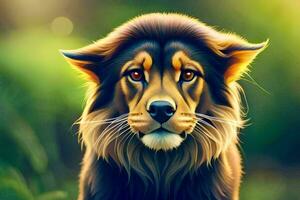 a lion is looking at the camera in a painting. AI-Generated photo