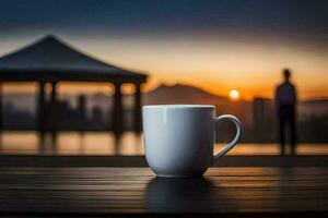 coffee cup on a table with a view of the sunset. AI-Generated photo