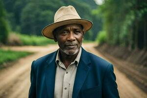 an african man wearing a hat and suit standing on a dirt road. AI-Generated photo