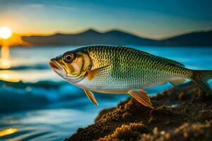 un pescado es en pie en el rocas a puesta de sol. generado por ai foto