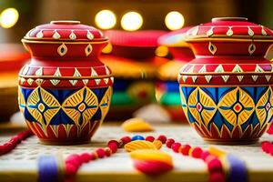 two colorful vases with candles on a table. AI-Generated photo