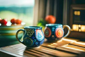 two colorful mugs sit on a table near a window. AI-Generated photo