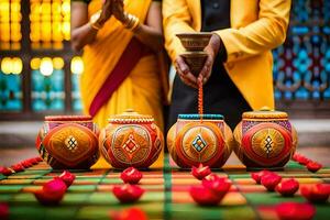 un Pareja en tradicional atuendo es preparando a ligero diyas. generado por ai foto