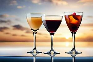 three glasses of wine with a sunset in the background. AI-Generated photo