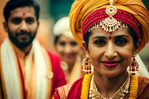 un mujer en tradicional indio atuendo con su marido. generado por ai foto