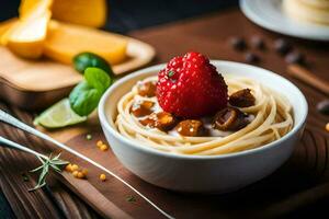 spaghetti with mushrooms and strawberries in a bowl. AI-Generated photo