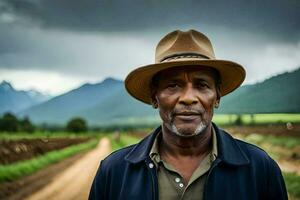 a man in a hat standing in a dirt road. AI-Generated photo