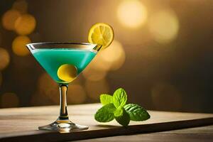 blue cocktail with mint and lemon on a wooden table. AI-Generated photo