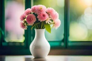 pink flowers in a vase on a table in front of a window. AI-Generated photo