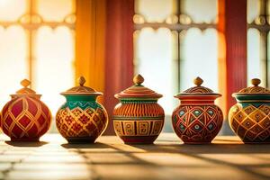 five colorful ceramic jars lined up on a table. AI-Generated photo