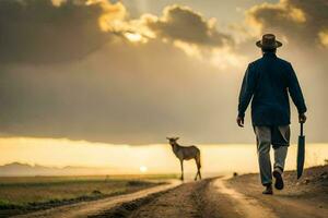 a man walking on a dirt road with a deer. AI-Generated photo