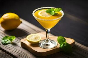a cocktail with lemon and mint on a wooden table. AI-Generated photo